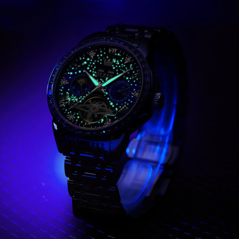 OLEVS 6712 Diamond Bezel Starry Moon Phase Calendar Mechanical Watch For Men