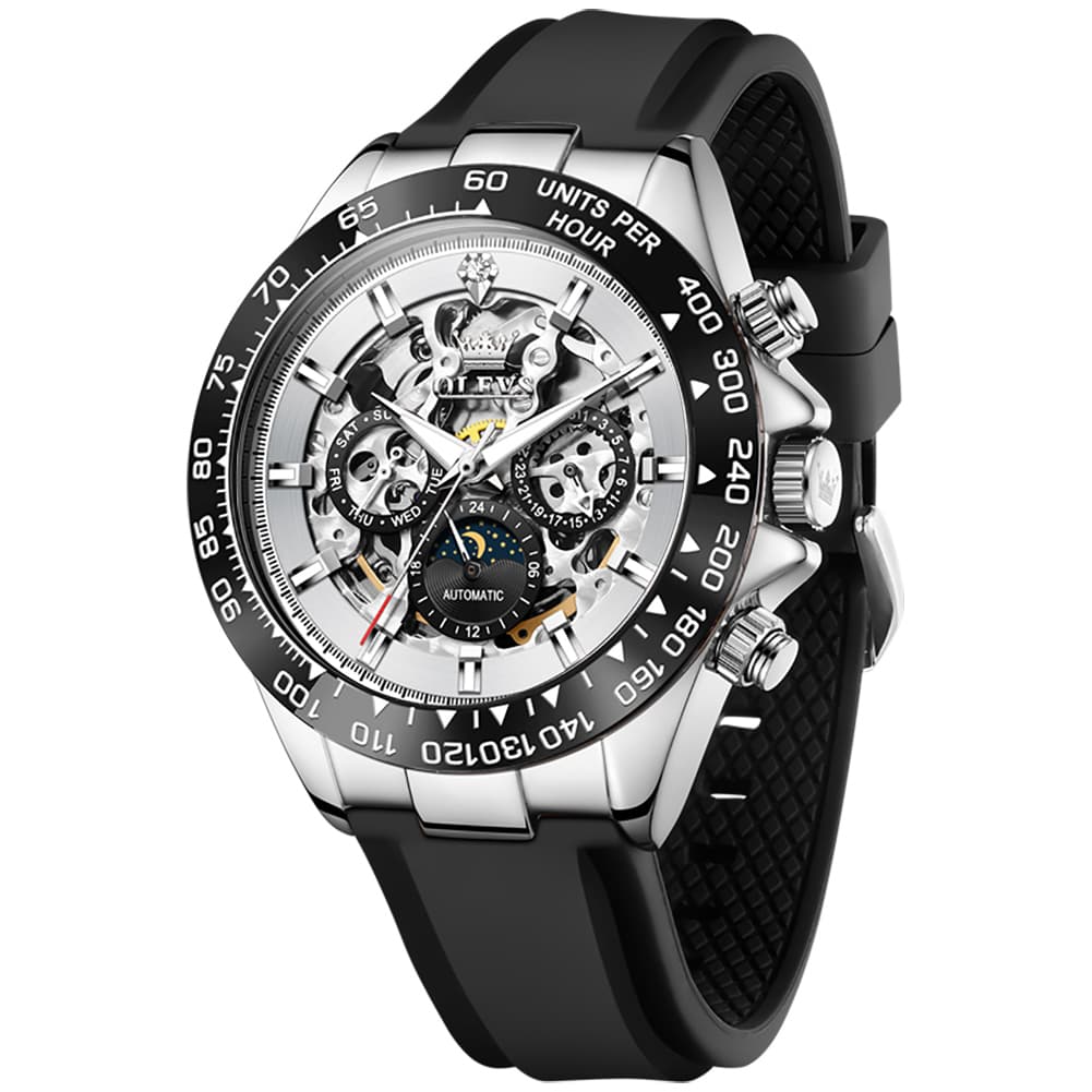 OLEVS 6713 Skeleton Silicone Sports Racing Mechanical Watch For Men