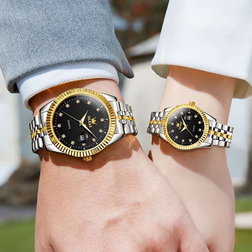 OLEVS Couple Watches Fluted Bezel Diamond Dial Quartz Watch 5526 Jubilee Band for His and Hers