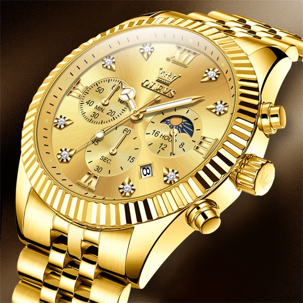OLEVS 2932 Luxury Gold Fluted Bezel Quartz Watch for Men