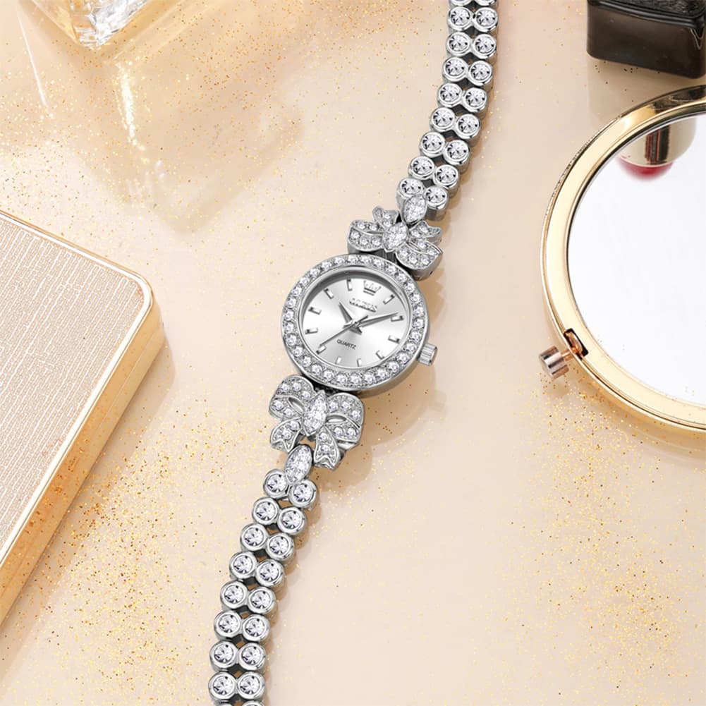 OLEVS 5887 Bow Knot Diamond Bracelet Watch Silver Zirconia Quartz Jewelry Timepiece for Women