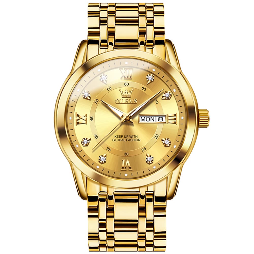 OLEVS Diamond Dial Day Date Quartz Watch 5513 Steel Band for Men