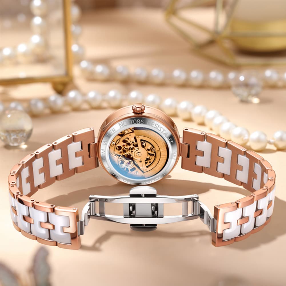 OLEVS 7086 Ceramic Heart Open Heart Automatic Watch For Women