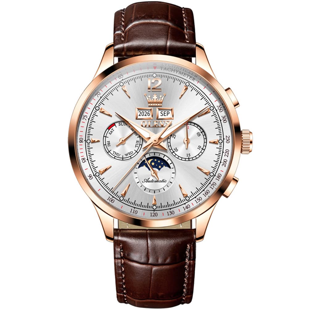 OLEVS Moon Phase Automatic Mechanical Watch 7128 Leather Strap for Men