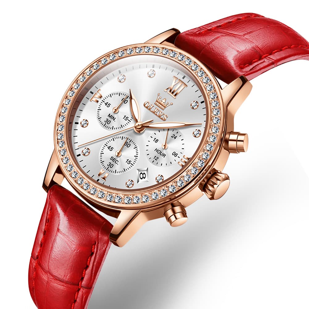 OLEVS 9933 Crystal Bezel Chronograph Leather Watch for Women