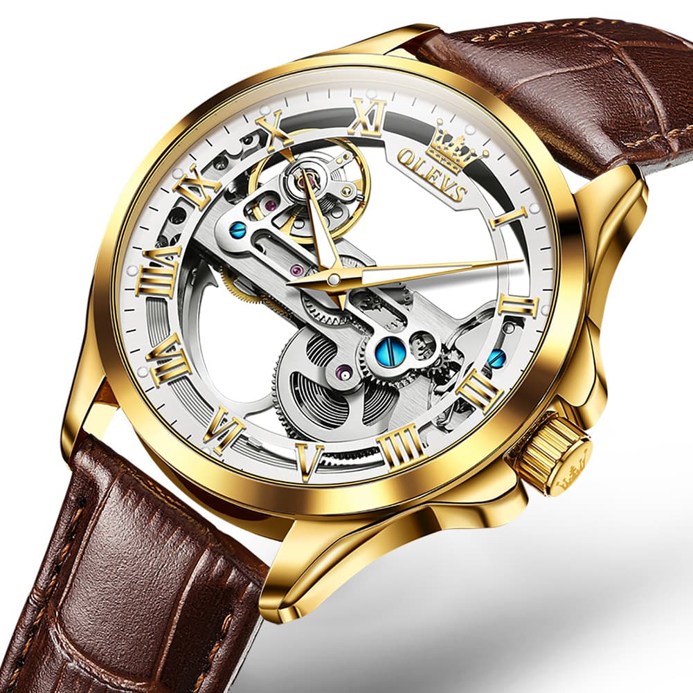 OLEVS 6661 Leather Skeleton Mechanical Watch for Men