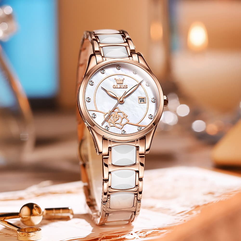 OLEVS 3606 Ceramic Rose Motif Quartz Watch for Women