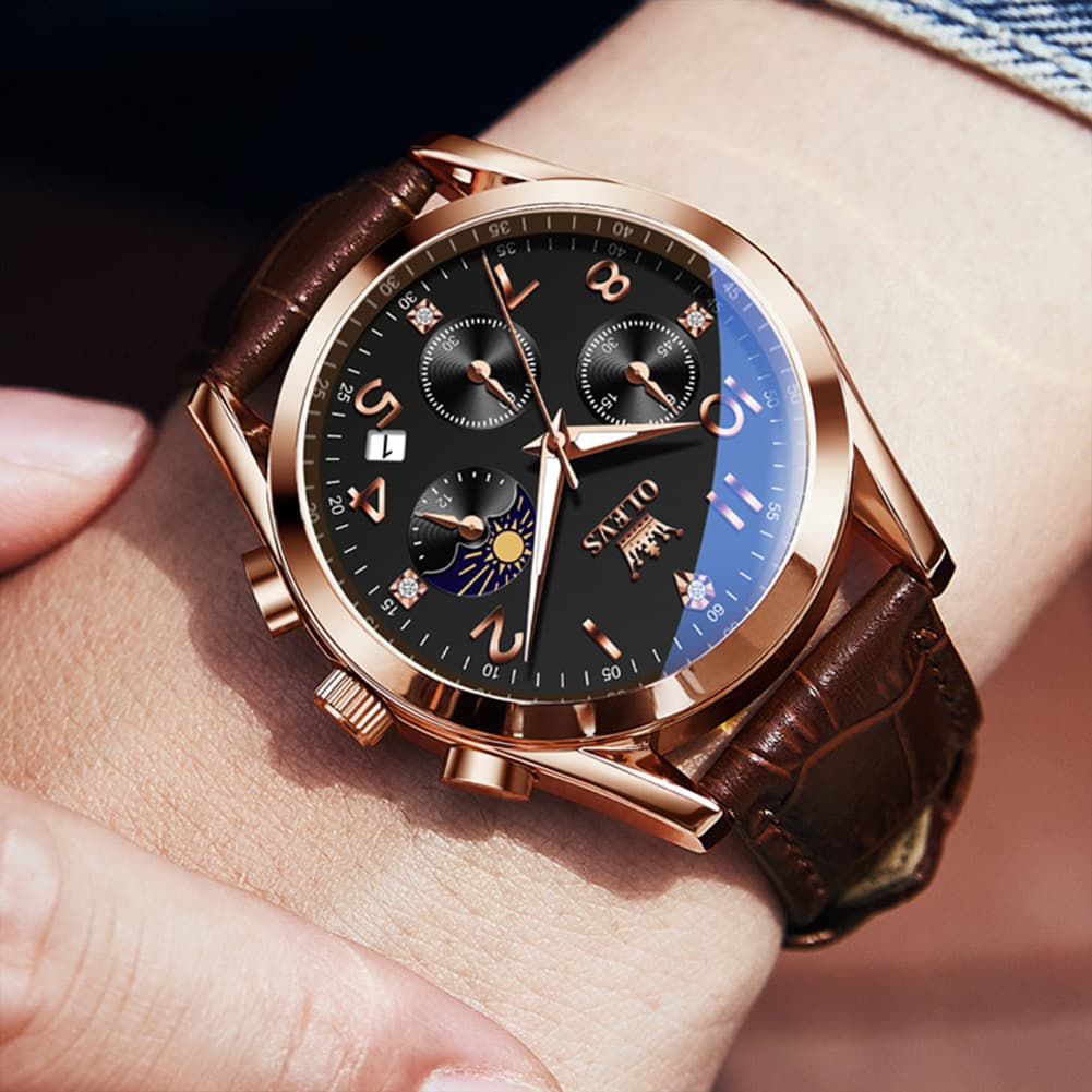 OLEVS 2890 Leather Chronograph Moon Phase Watch for Men