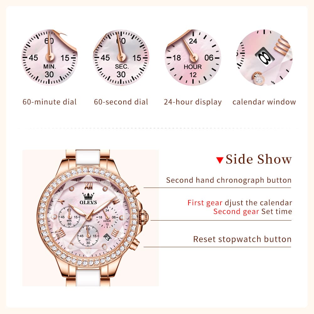 OLEVS 9999 Diamond Bezel Chronograph Ceramic Watch for Women