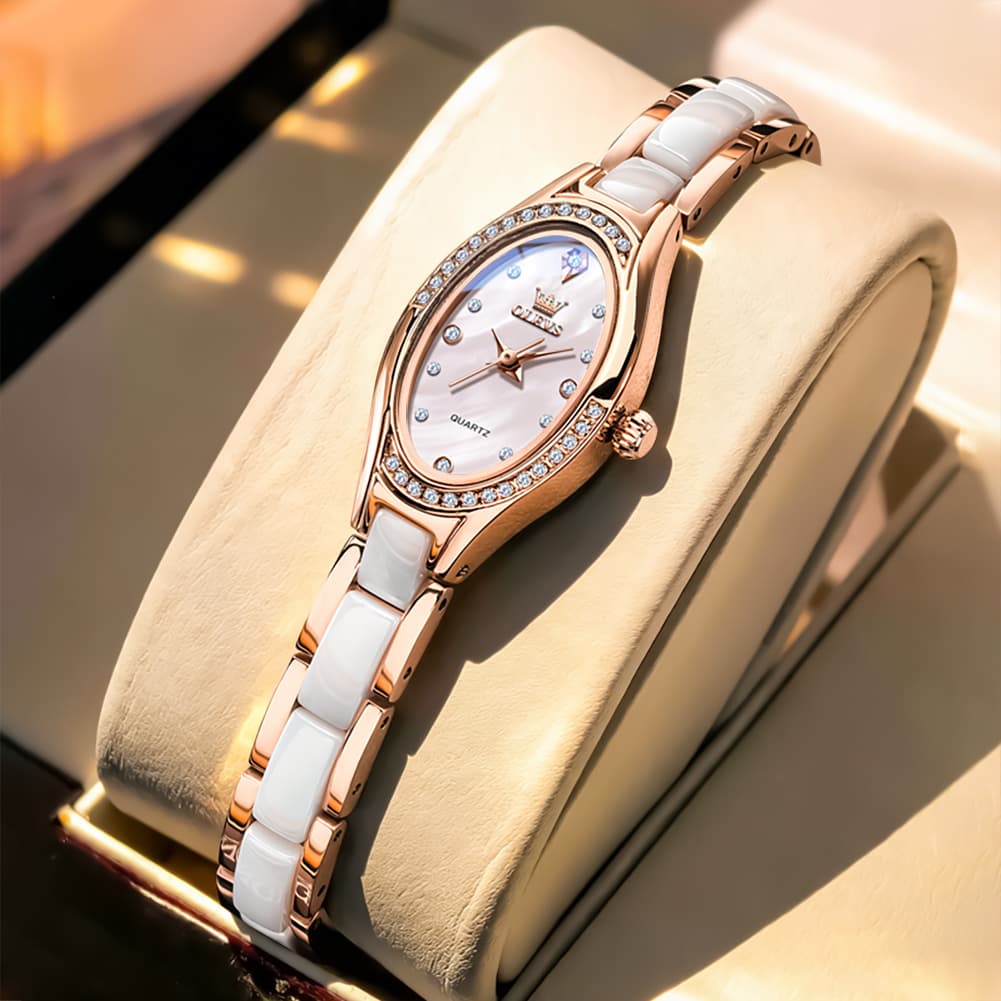 OLEVS Oval Ceramic Bracelet Diamond Watch 7131 for Women