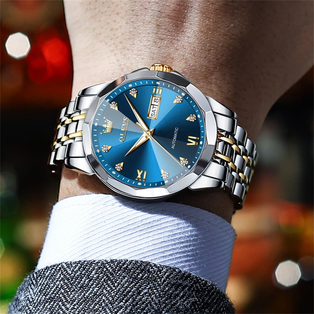 OLEVS 3D Diamond Cut Mirror Automatic Mechanical Watch 9982 Day Date for Men