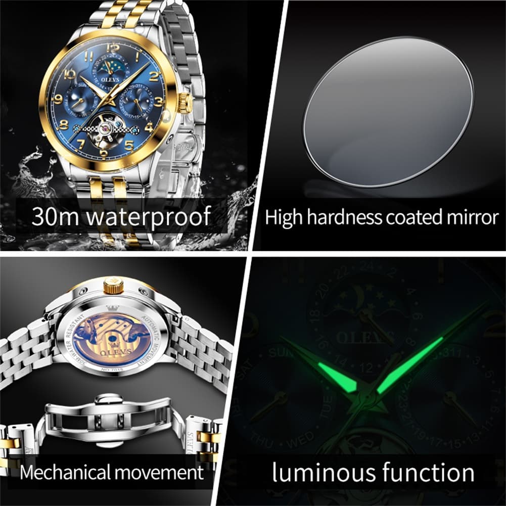 OLEVS 7018 Sun and Moon Skeleton Mechanical Watch for Men