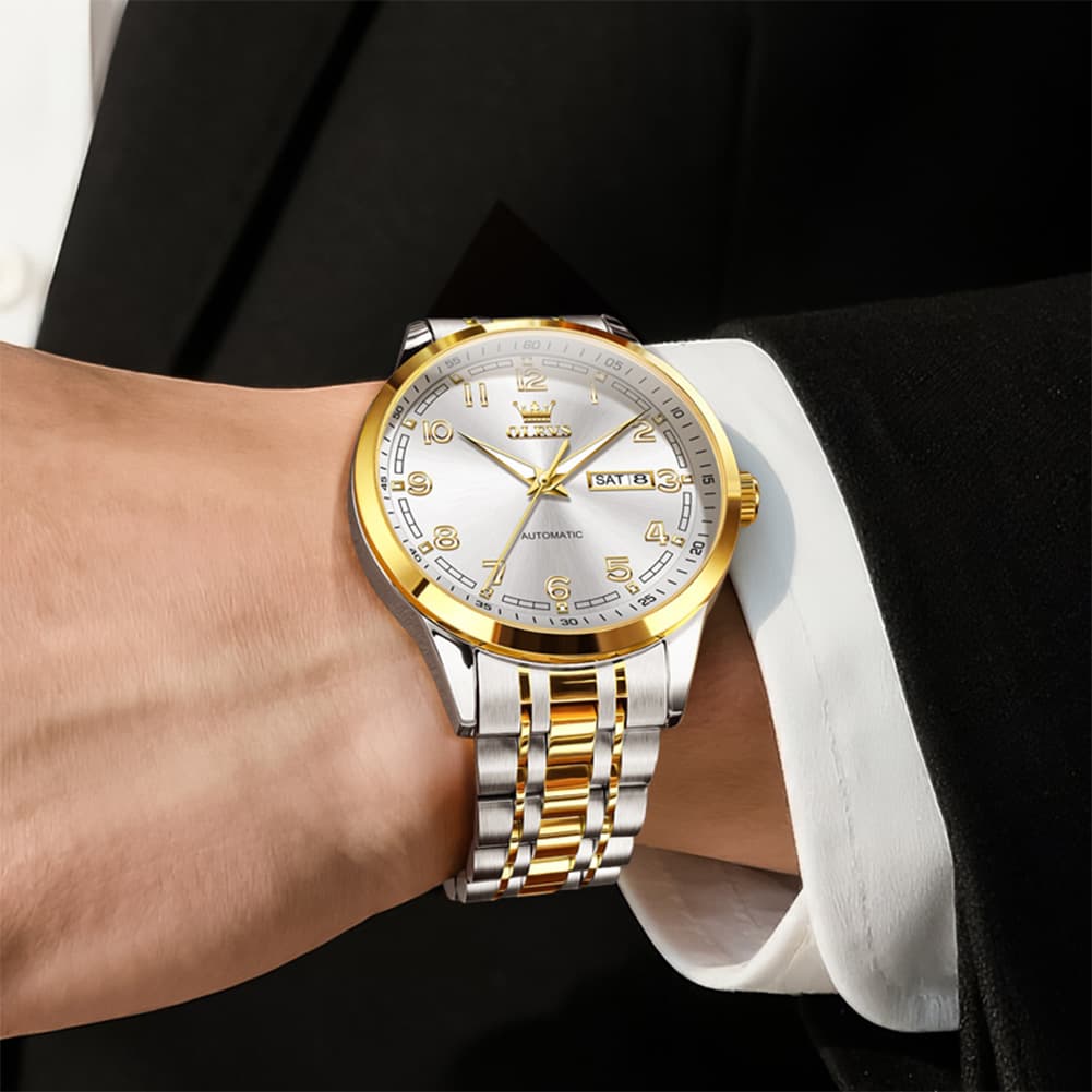 OLEVS 7077 Arabic Numeral Dual Calendar Automatic Watch For Men