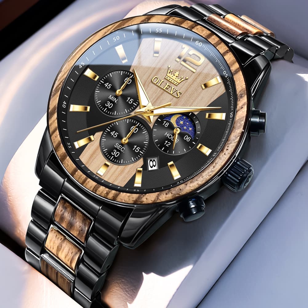 OLEVS 3645 Solid Wood & Steel Chronograph Quartz Watch for Men