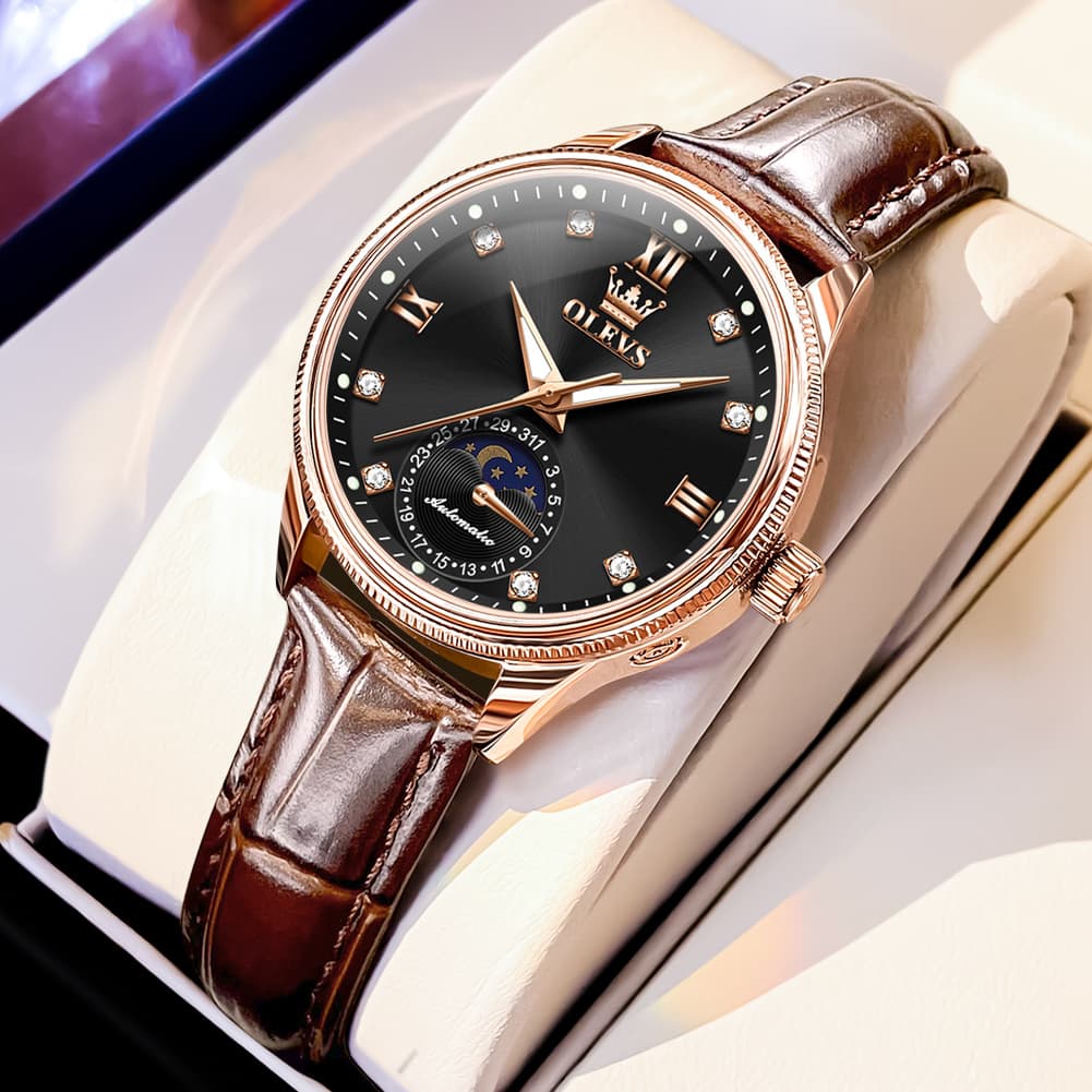 OLEVS 7039 Leather Moon Phase Mechanical Watch For Women