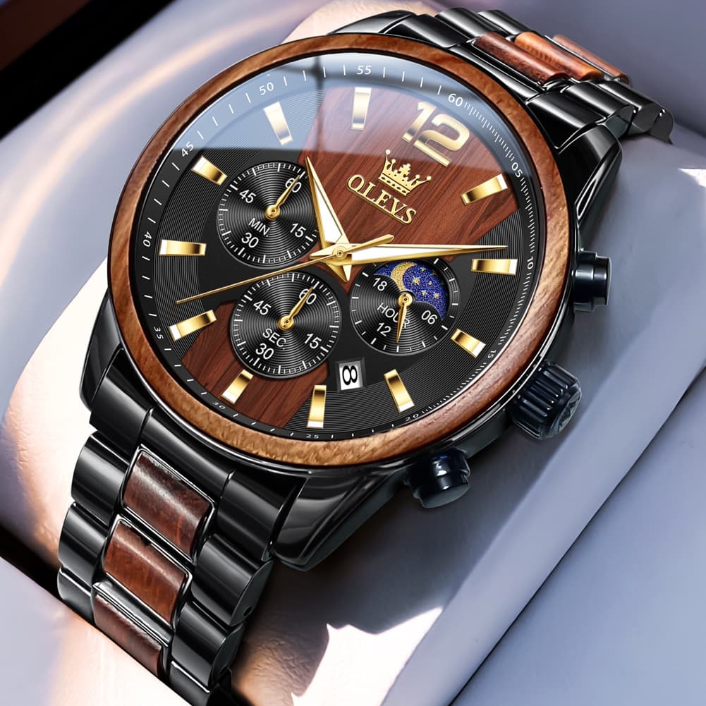 OLEVS 3645 Solid Wood & Steel Chronograph Quartz Watch for Men