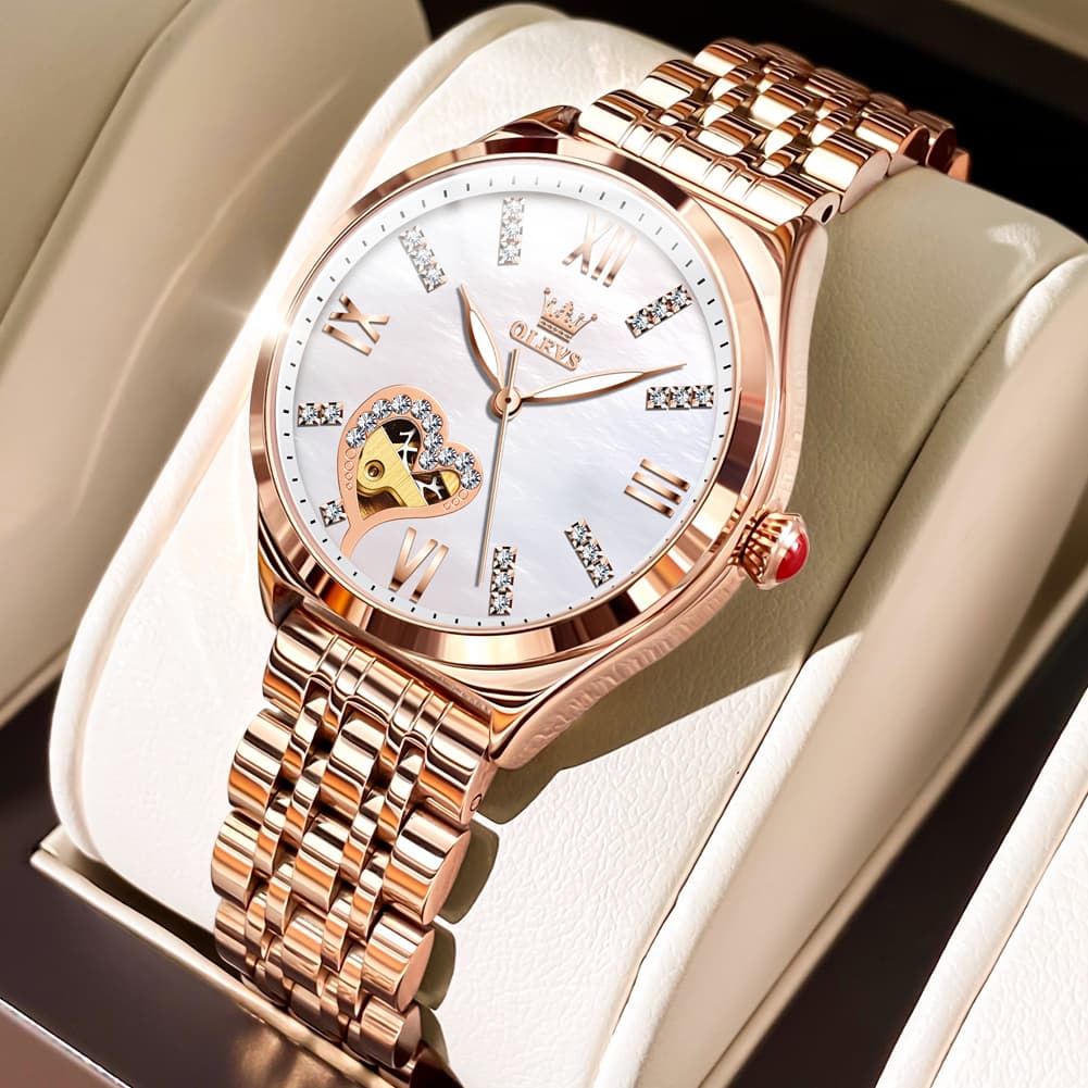 OLEVS 6636 Leather Skeleton Mechanical Watch for Women