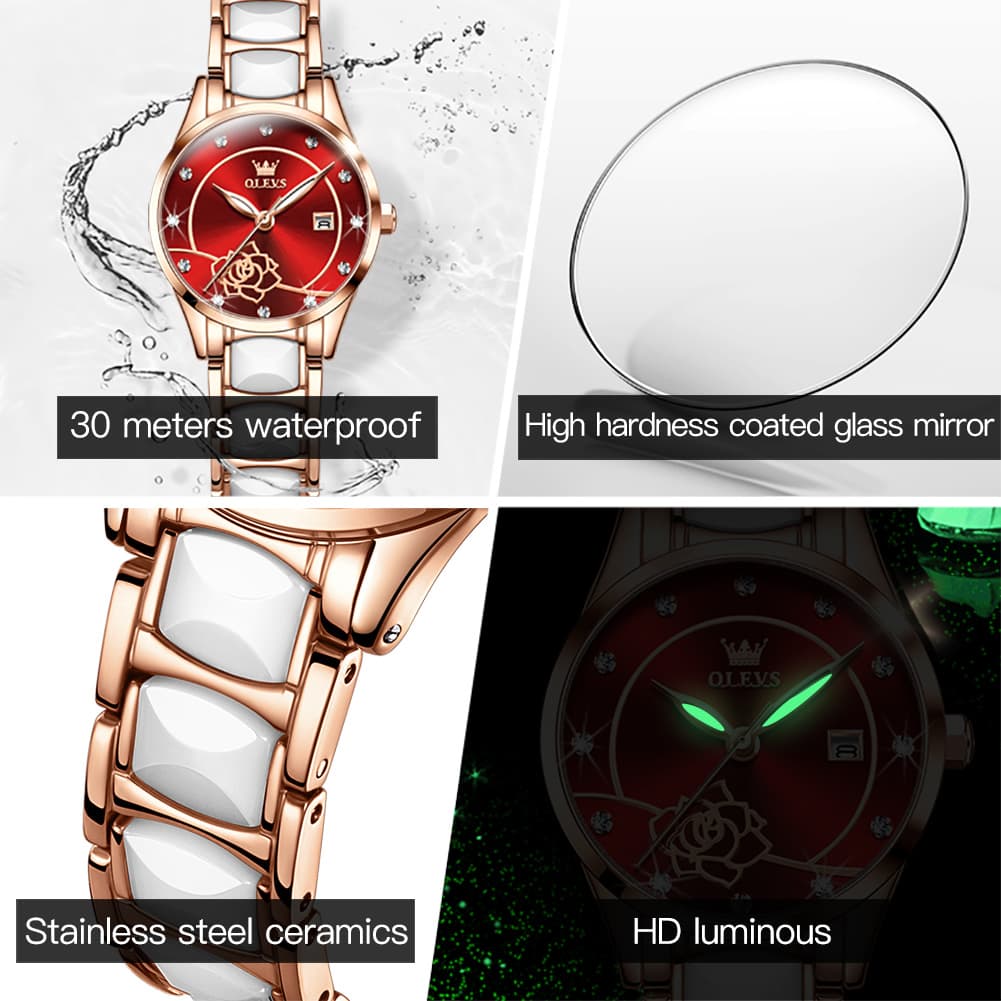 OLEVS 3606 Ceramic Rose Motif Quartz Watch for Women