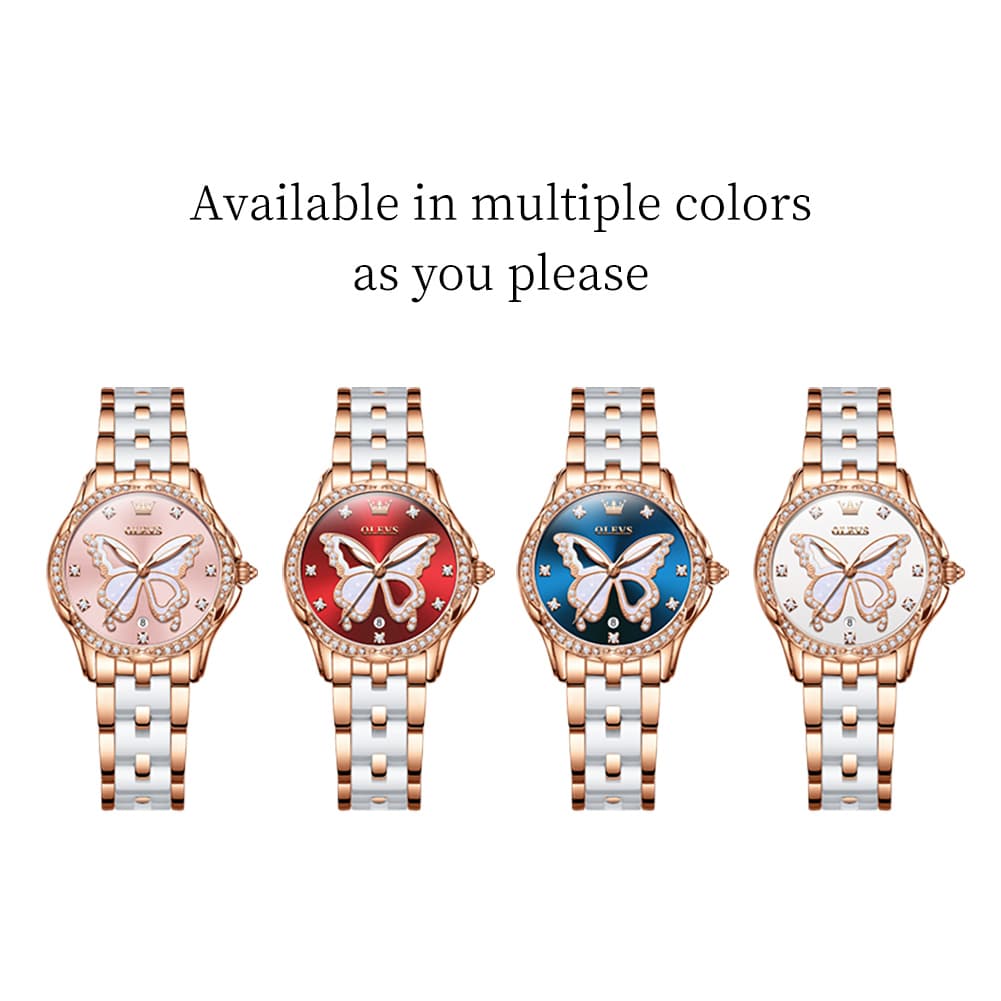 OLEVS Women Butterfly Watch Ceramic Rose Gold Diamond Date Quartz 5610