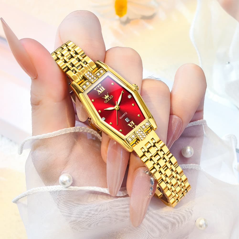 OLEVS 3699 Tonneau Geometric Crystal Womens Dress Watch