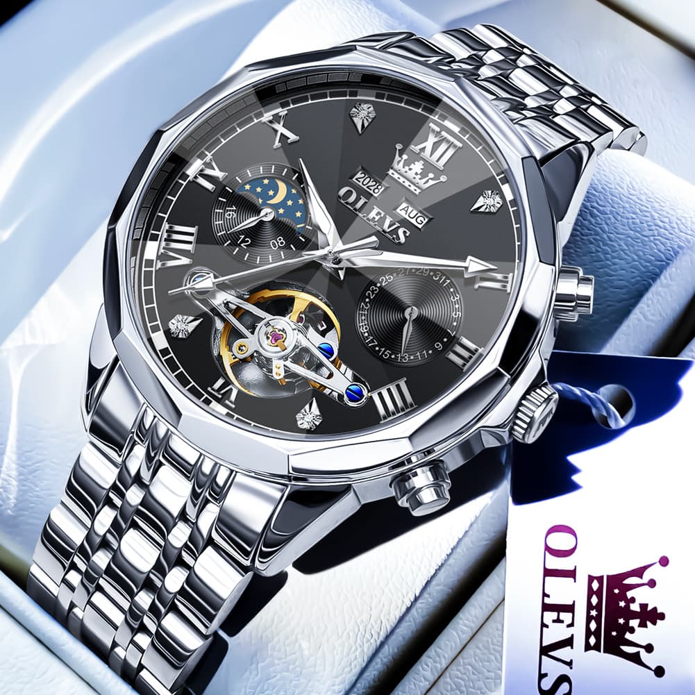 OLEVS 6620 Skeleton Moon Phase Mechanical Watch for Men