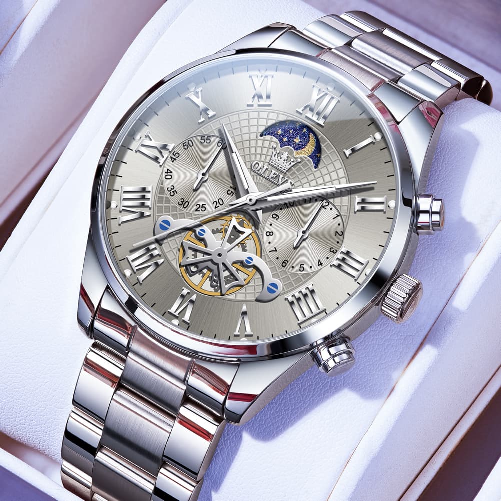 OLEVS 3640 Open-Heart Moon Phase Quartz Watch for Men