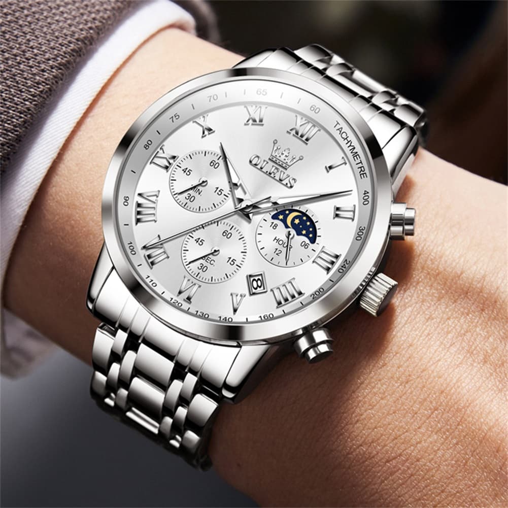 OLEVS Chronograph Moon Phase Dress Watch for Men Stainless Steel 5529