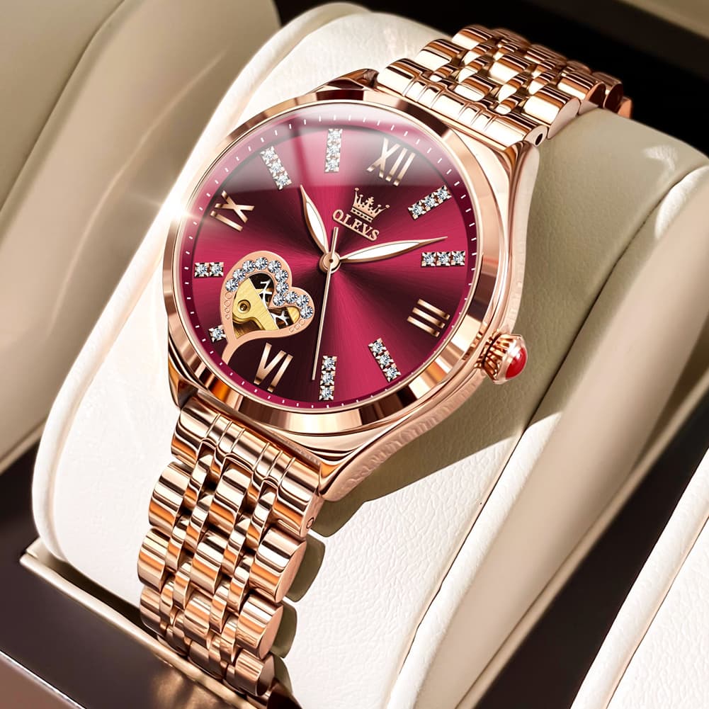OLEVS 6636 Leather Skeleton Mechanical Watch for Women