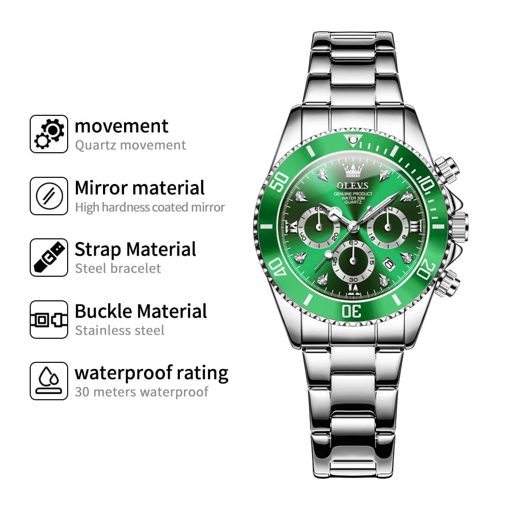 OLEVS Women Chronograph Watch Stainless Steel Sport Date Quartz 5632