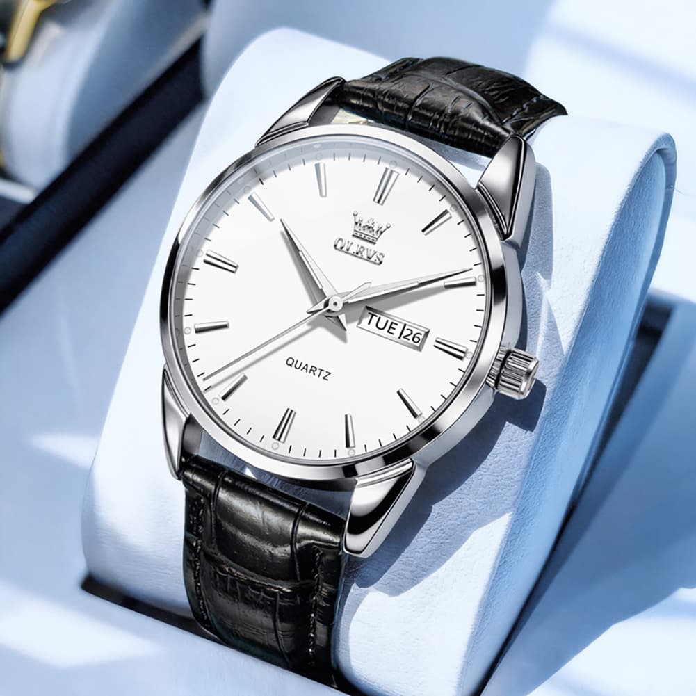 OLEVS 6898P Ultra Thin Day Date Watch Leather Strap Quartz Casual Timepiece for Men