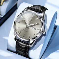 OLEVS 6898P Ultra Thin Day Date Watch Leather Strap Quartz Casual Timepiece for Men