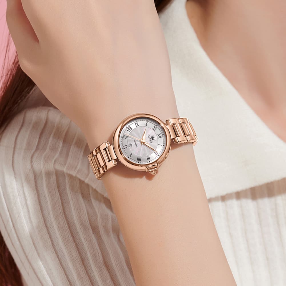 OLEVS Women Roman Numeral Dress Watch Sunray Dial Stainless Steel Date Quartz 5608