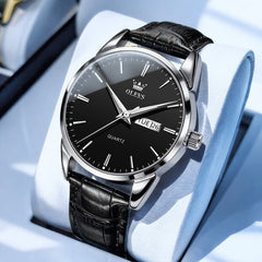 OLEVS 6898P Ultra Thin Day Date Watch Leather Strap Quartz Casual Timepiece for Men