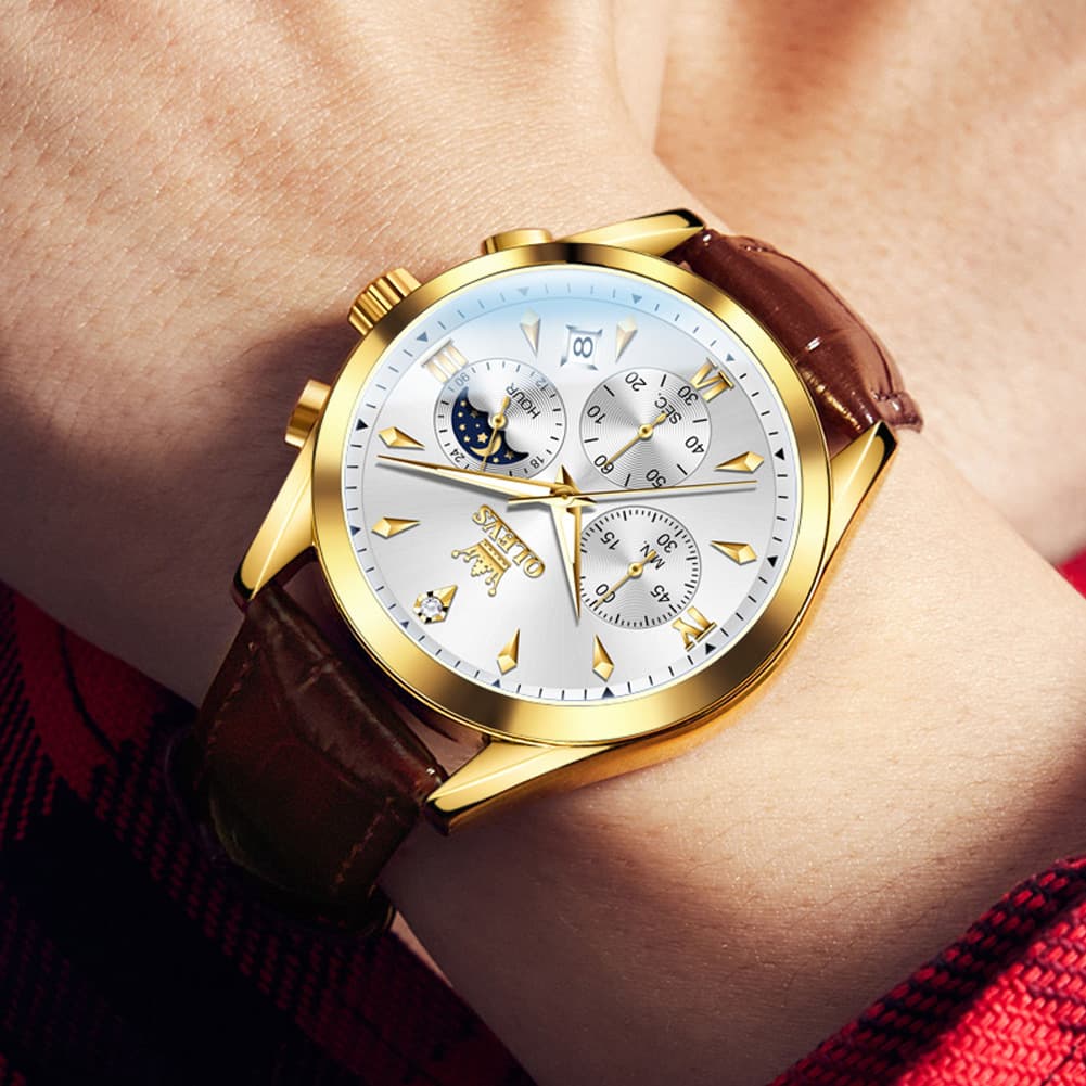 OLEVS 3609 Multifunction Leather Quartz Watch for Men