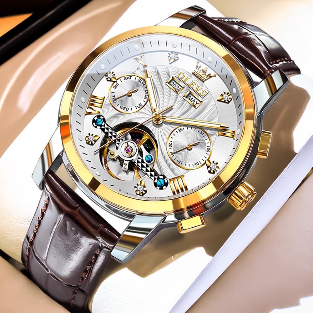 OLEVS 7088 Open Heart Leather Automatic Watch For Men