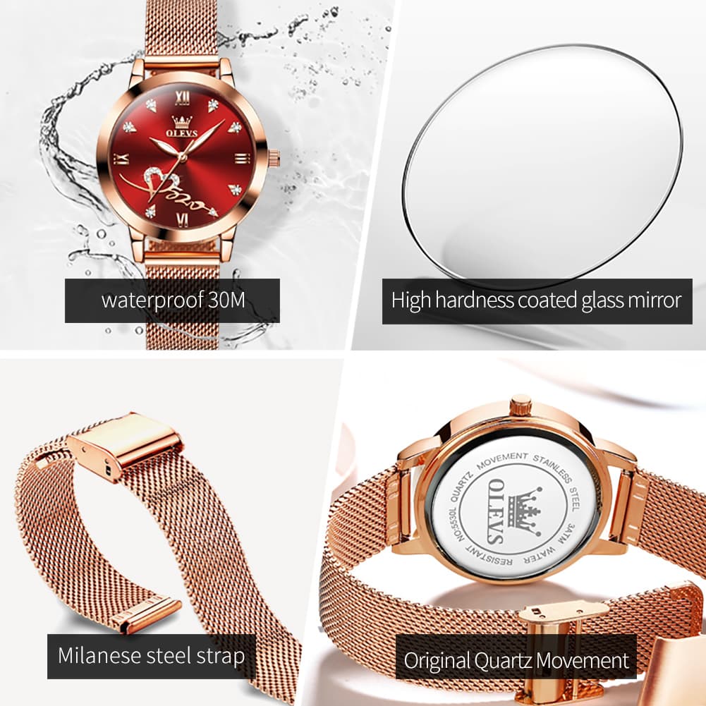 OLEVS Romantic Heart Crystal Dress Watch for Women Rose Gold Milanese Mesh 5530