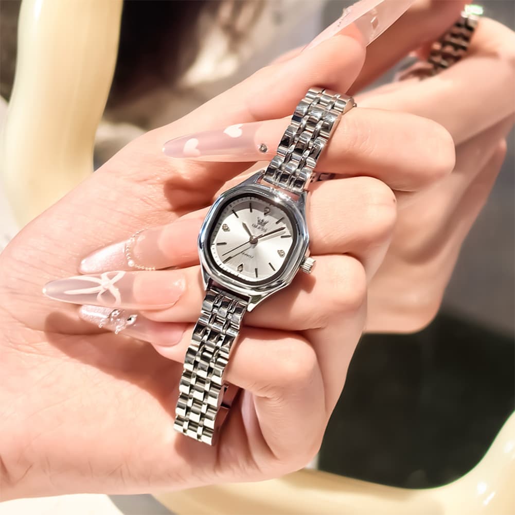 OLEVS 5888 Petite Square Watch Vintage Diamond Accent Stainless Steel Bracelet Quartz Timepiece for Women