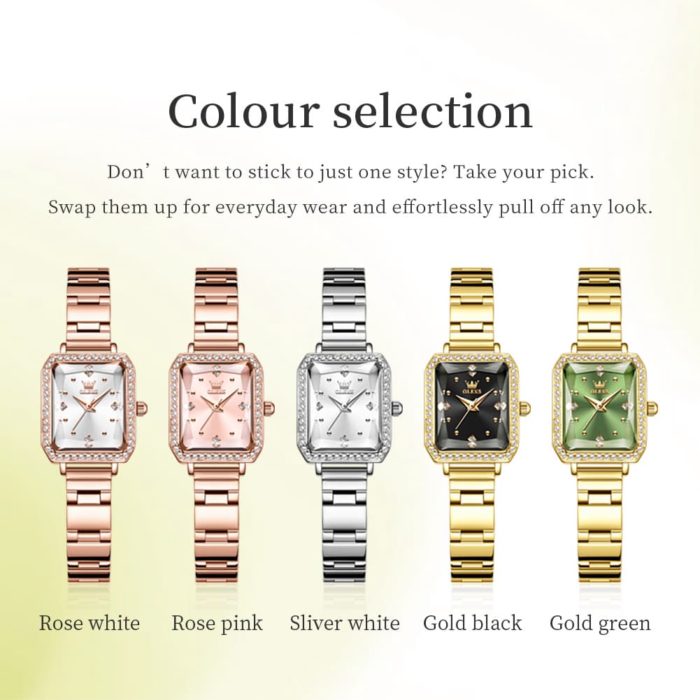 OLEVS 5688 Beveled Edge Crystal Rectangular Watch Diamond Bezel Stainless Steel Quartz Timepiece for Women
