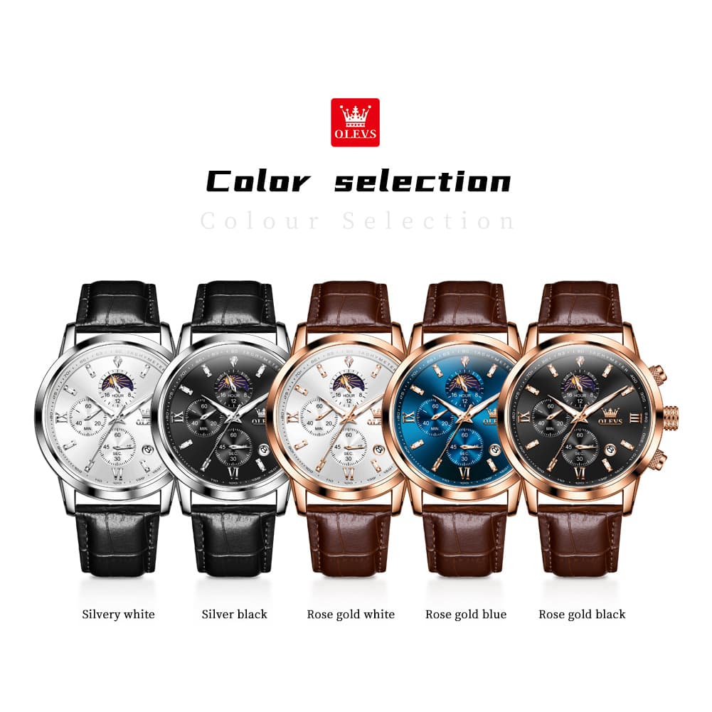 OLEVS 9812 Moon Phase Chronograph Leather Watch for Men