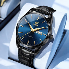 OLEVS 6898P Ultra Thin Day Date Watch Leather Strap Quartz Casual Timepiece for Men