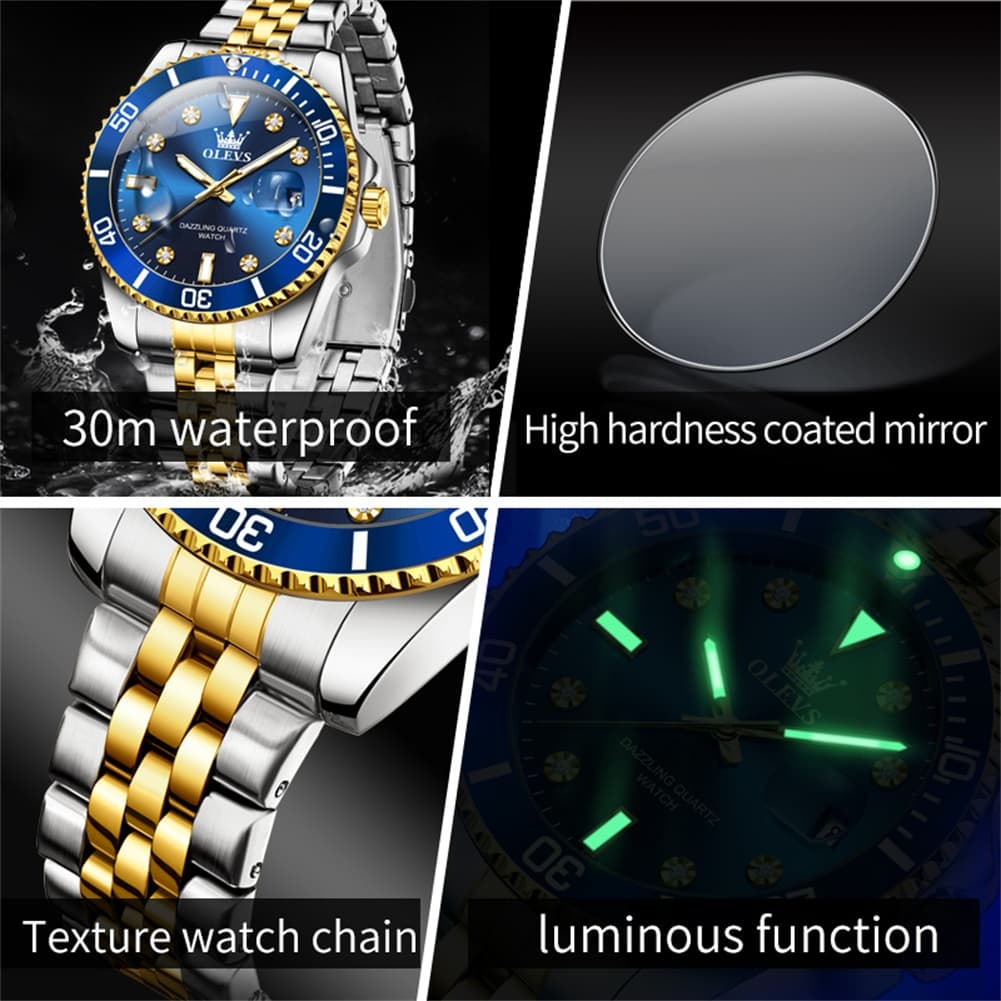 OLEVS 9809 Rotating Bezel Diamond Dial Stainless Steel Quartz Watch for Men