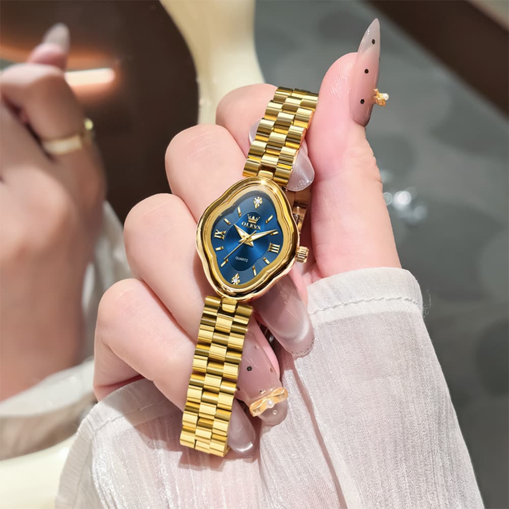 OLEVS 5666 Petal Case Vintage Dress Watch Gold Bracelet Quartz Jewelry Timepiece for Women