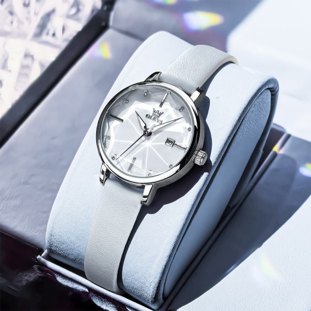 OLEVS 5656 Diamond Cut Faceted Crystal Quartz Watch Leather or Steel Bracelet Elegant Dress Timepiece for Women