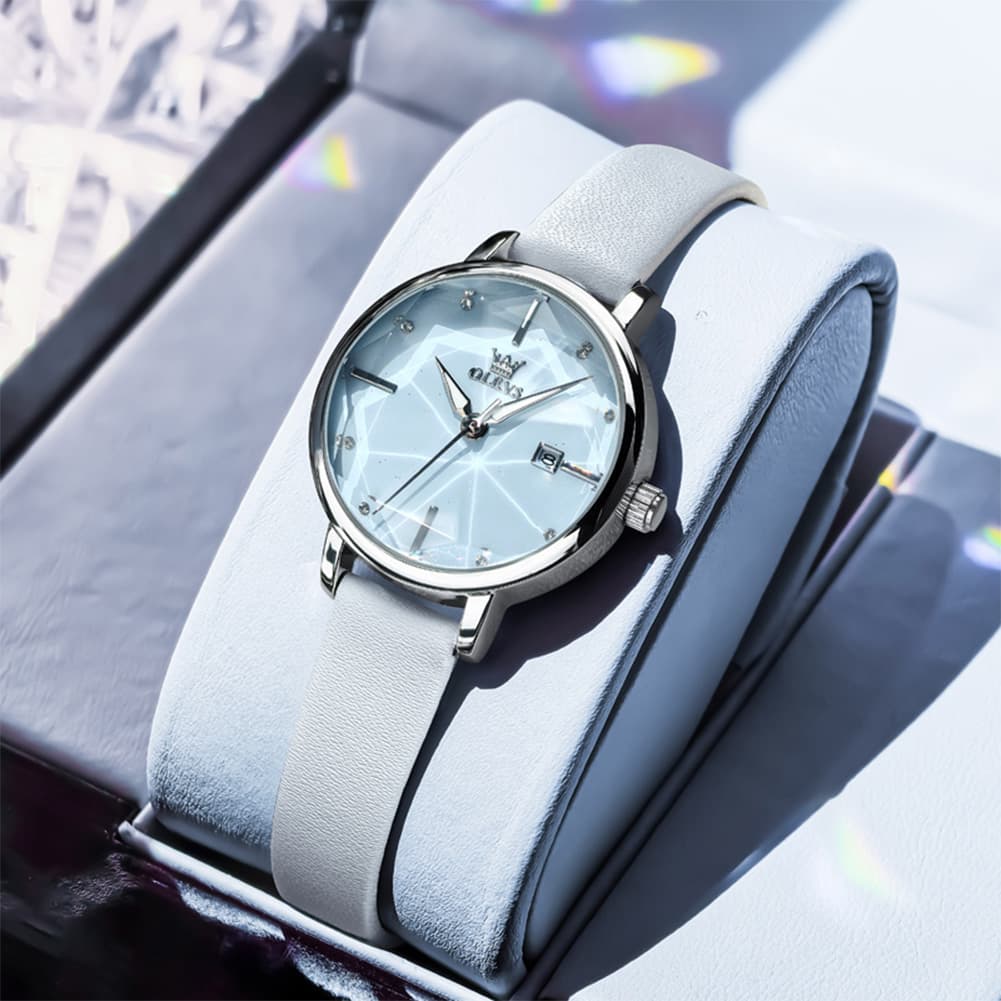 OLEVS 5656 Diamond Cut Faceted Crystal Quartz Watch Leather or Steel Bracelet Elegant Dress Timepiece for Women
