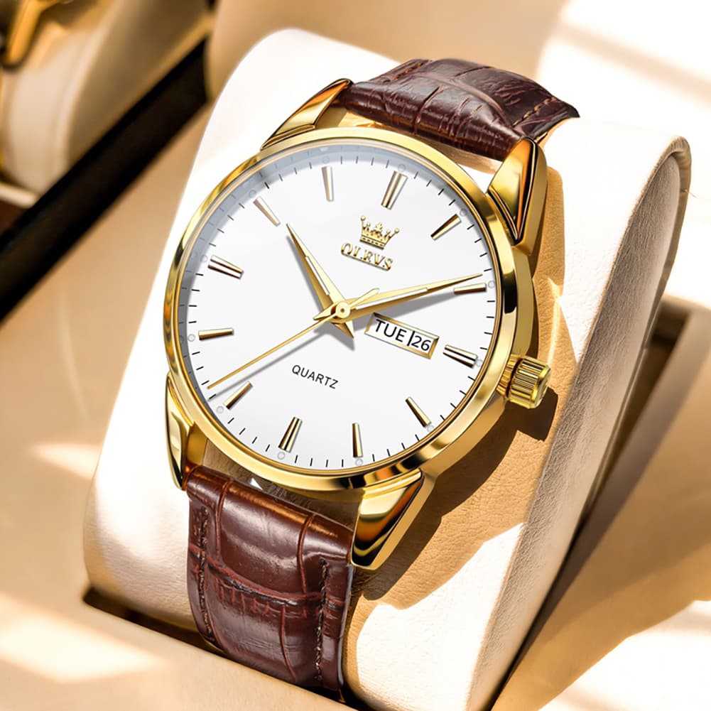 OLEVS 6898P Ultra Thin Day Date Watch Leather Strap Quartz Casual Timepiece for Men