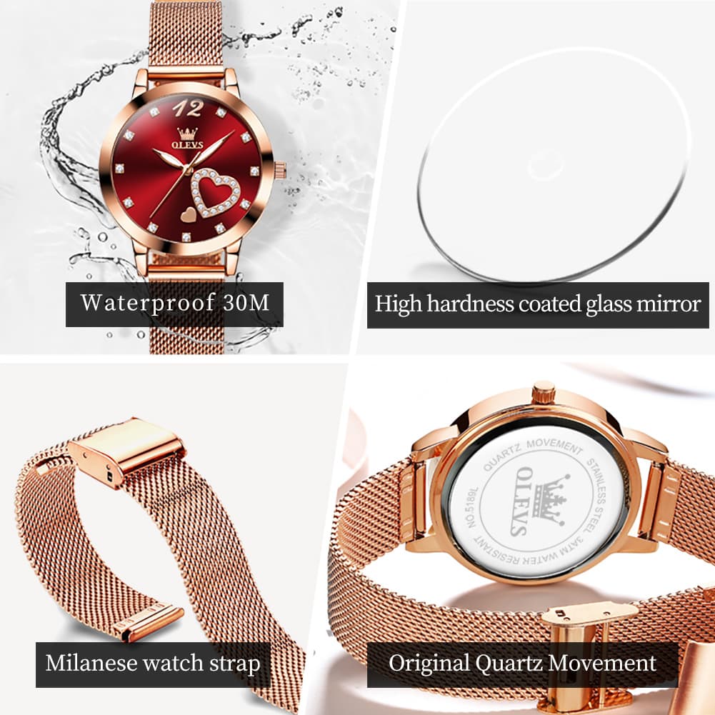 OLEVS 5189 Heart Motif Milanese Mesh Quartz Watch for Women