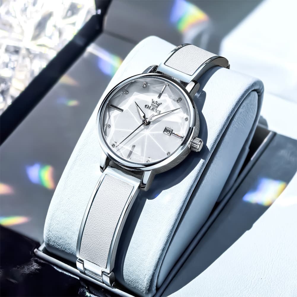 OLEVS 5656 Diamond Cut Faceted Crystal Quartz Watch Leather or Steel Bracelet Elegant Dress Timepiece for Women