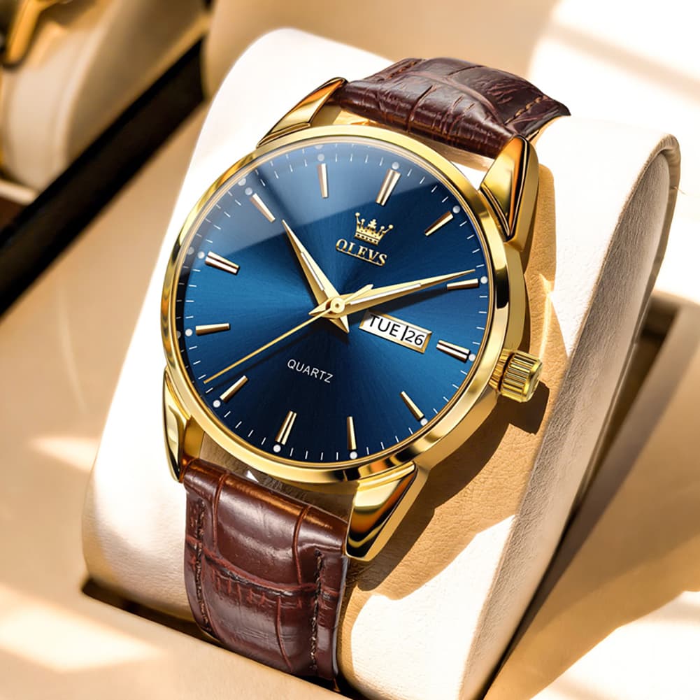 OLEVS 6898P Ultra Thin Day Date Watch Leather Strap Quartz Casual Timepiece for Men
