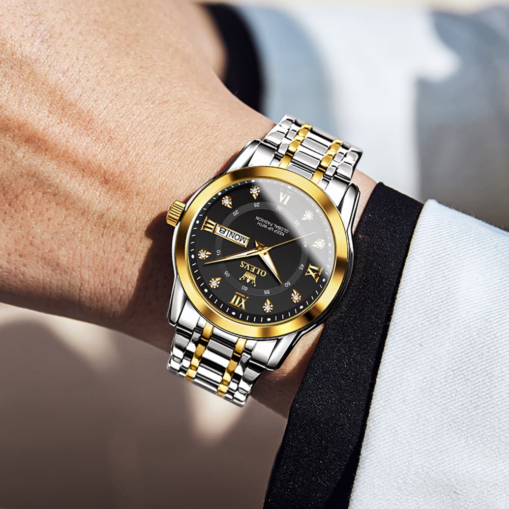 OLEVS Diamond Dial Day Date Quartz Watch 5513 Steel Band for Men