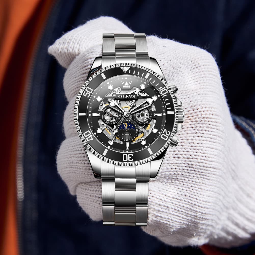 OLEVS 6715 Skeleton Multifunction Moon Phase Sports Mechanical Watch For Men